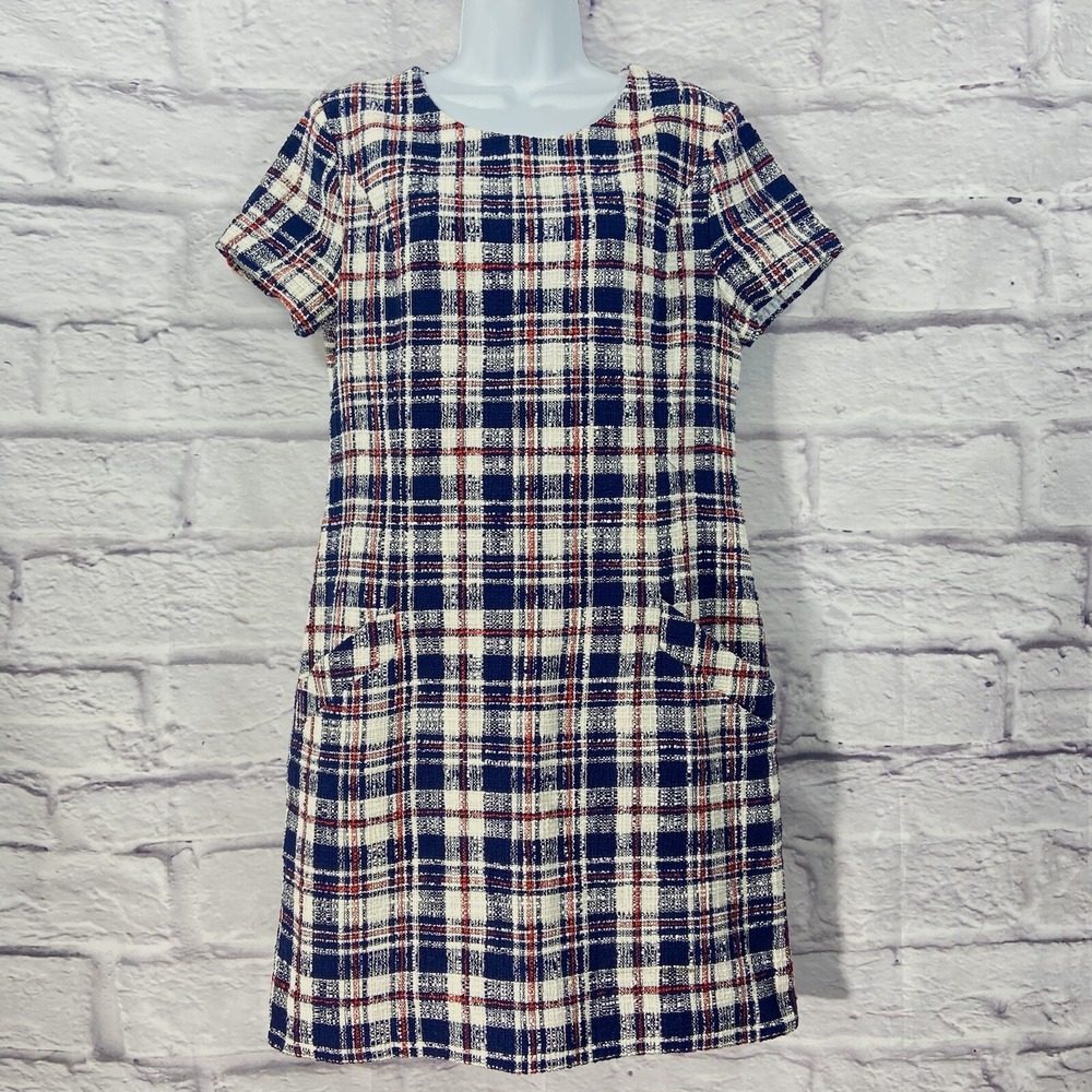 Southern Tide Dress Women's 6 Blue White Shift Plaid Tweed Shortโ Sleeve New